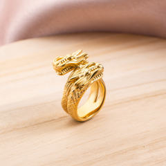 18K Gold Plated Double Dragon Head Ring, Adjustable Stainless Steel Open Wrap Statement Jewelry for Men Women