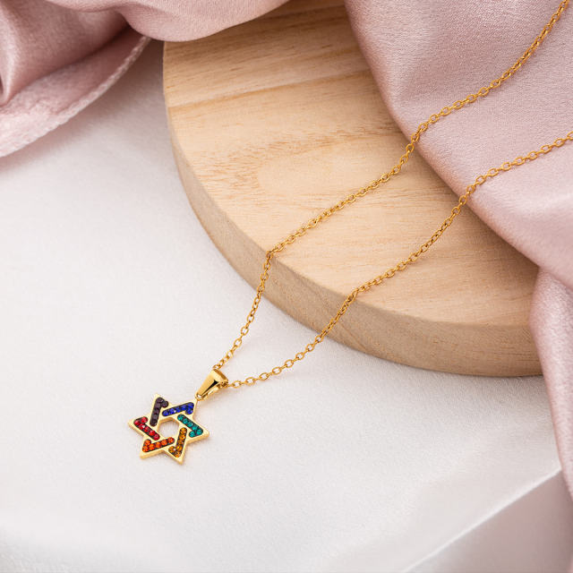 Geometric Star Necklace for Women, Colorful Cubic Zirconia Layered Hexagon Star Pendant 18K Gold Plated Stainless Steel Amulet Protection Jewelry