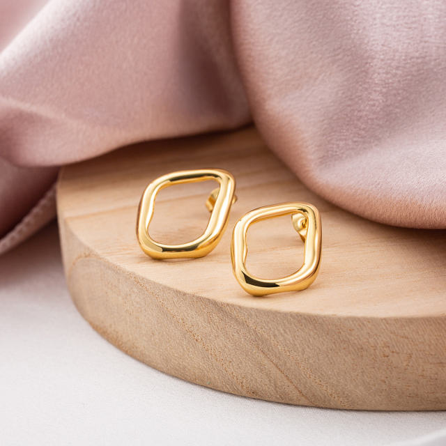 18K Gold Plated Stainless Steel Stud Earrings for Women, Unique Irregular Open Geometric Shape Dainty Fashion Jewelry Gifts, Hypoallergenic