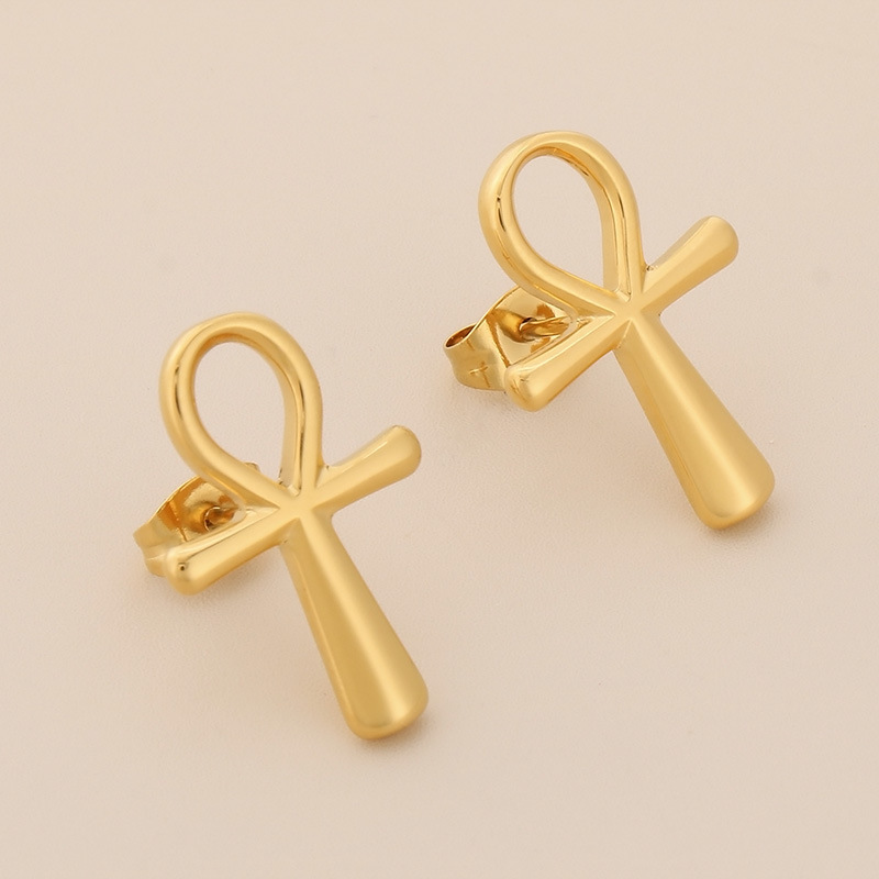 18K Gold Tone Stainless Steel Polished Ankh Cross Stud Earrings for Women Girls, Classic Minimalist Symbol Jewelry, Hypoallergenic