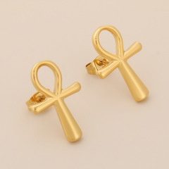 18K Gold Tone Stainless Steel Polished Ankh Cross Stud Earrings for Women Girls, Classic Minimalist Symbol Jewelry, Hypoallergenic