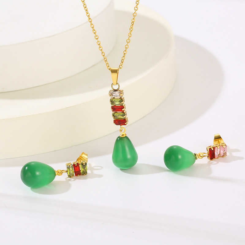 18K Gold Plated Stainless Steel Necklace and Dangle Earrings Set for Women, Elegant Colorful Teardrop Gemstone Pendant with Cubic Zirconia Studs, Fashion Jewelry Gift