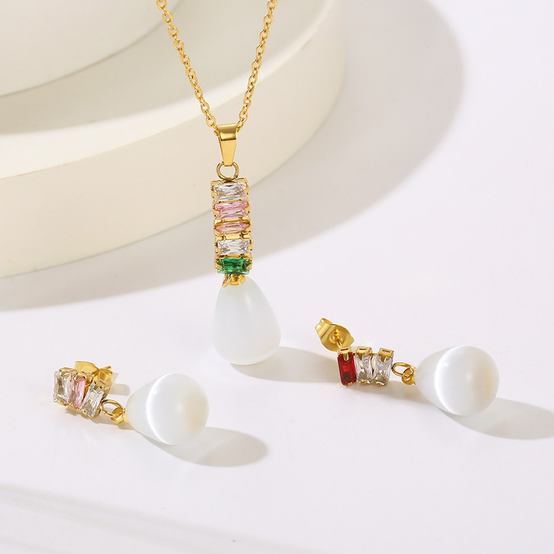 18K Gold Plated Stainless Steel Necklace and Dangle Earrings Set for Women, Elegant Colorful Teardrop Gemstone Pendant with Cubic Zirconia Studs, Fashion Jewelry Gift