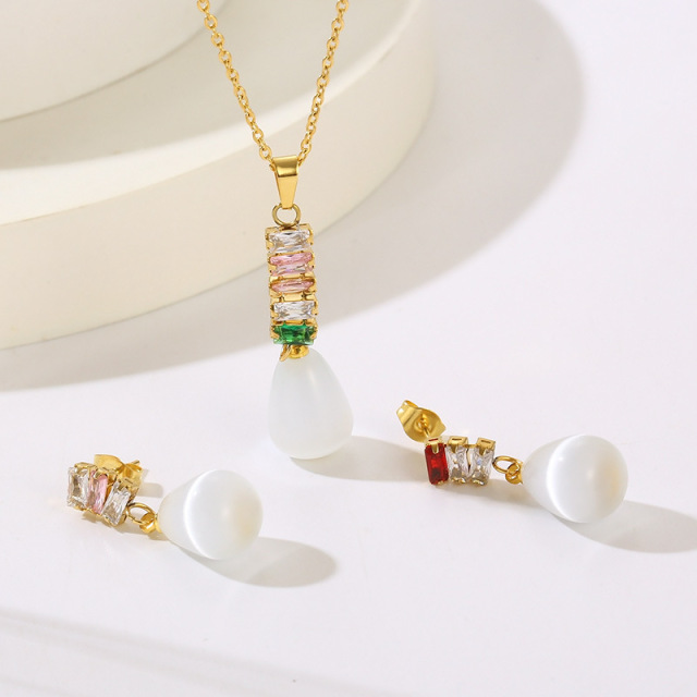 18K Gold Plated Stainless Steel Necklace and Dangle Earrings Set for Women, Elegant Colorful Teardrop Gemstone Pendant with Cubic Zirconia Studs, Fashion Jewelry Gift