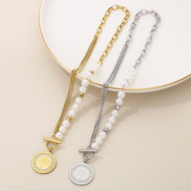 18K Gold Plated Stainless Steel Jewelry Set for Women, Tree of Life Pendant Pearl Necklace Bracelet Earrings 3 Pcs Set, Valentine's Day Gift