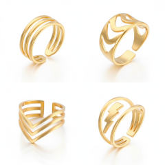 4 Pcs Gold Plated Stainless Steel Open Rings Set for Women, Stackable Minimalist Band Rings, Dainty CZ Chevron/Lightning/Wave Design Statement Jewelry