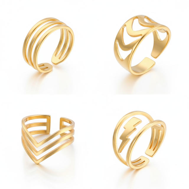 4 Pcs Gold Plated Stainless Steel Open Rings Set for Women, Stackable Minimalist Band Rings, Dainty CZ Chevron/Lightning/Wave Design Statement Jewelry