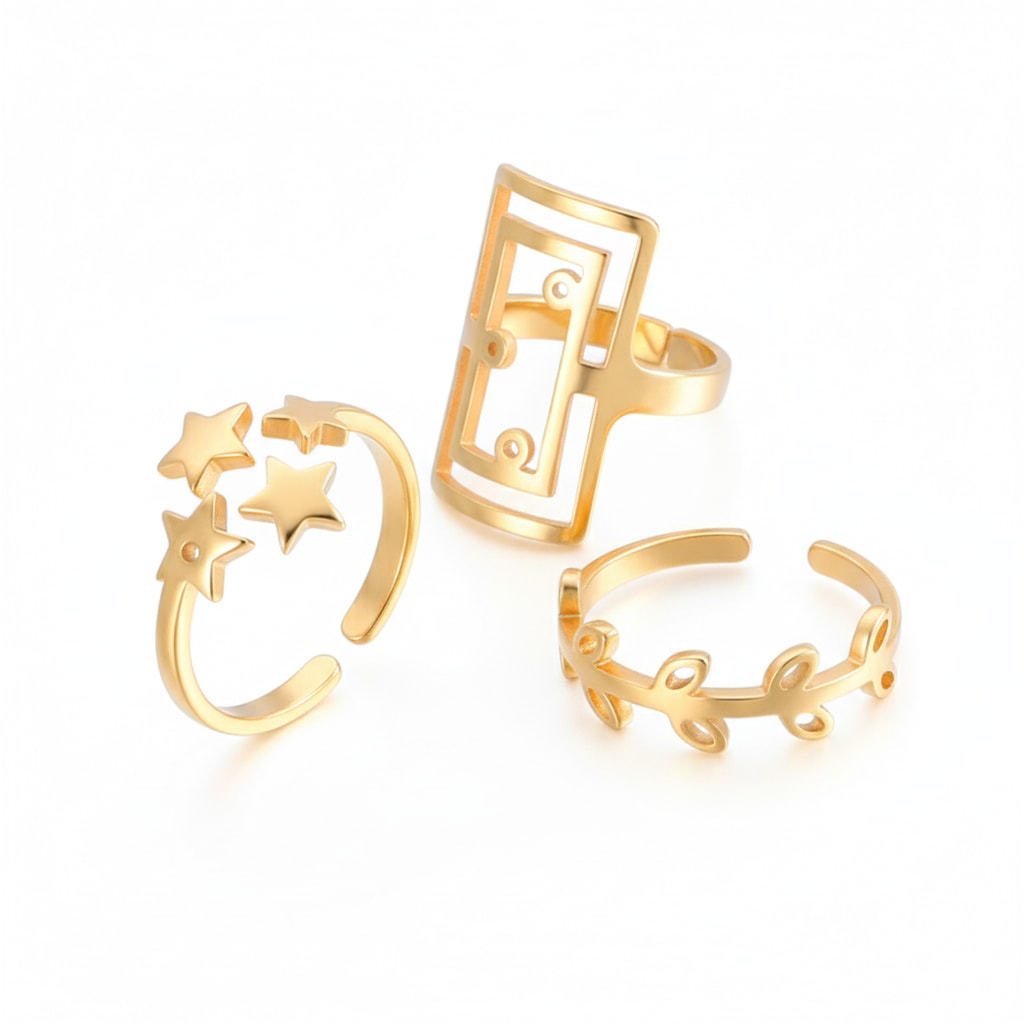 3 Pcs 18K PVD Gold Plated Star Vine Geometric Rings Set for Women, Stainless Steel Open Design Non-Adjustable Statement Jewelry Gift