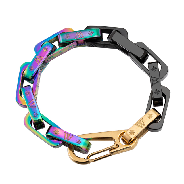 Stainless Steel Rainbow Black Gold Chain Bracelet for Men Women, Chunky Colorful Link Wristband with Secure Carabiner Clasp, Hypoallergenic Jewelry