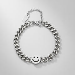K-Pop Fashion Smiley Face Charm Stainless Steel Bracelet, Hypoallergenic Curb Chain Wristband, Cute Simple Gift for Teenagers Couples