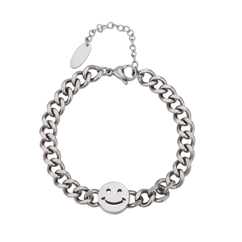 K-Pop Fashion Smiley Face Charm Stainless Steel Bracelet, Hypoallergenic Curb Chain Wristband, Cute Simple Gift for Teenagers Couples