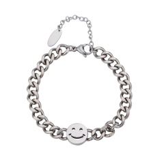K-Pop Fashion Smiley Face Charm Stainless Steel Bracelet, Hypoallergenic Curb Chain Wristband, Cute Simple Gift for Teenagers Couples
