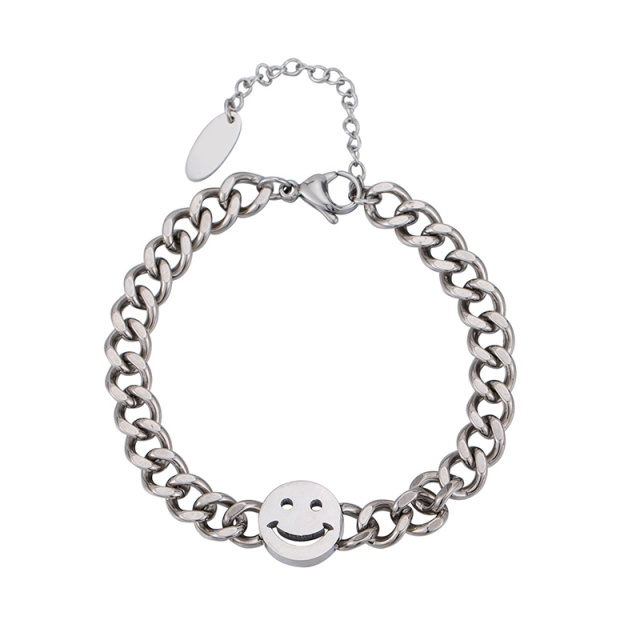 K-Pop Fashion Smiley Face Charm Stainless Steel Bracelet, Hypoallergenic Curb Chain Wristband, Cute Simple Gift for Teenagers Couples