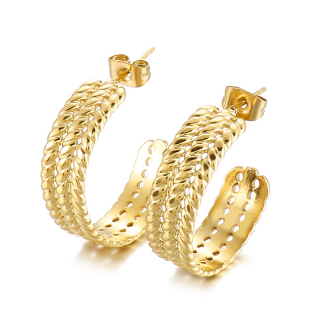 18K Gold Plated Stainless Steel Twisted Hoop Earrings for Women, Hypoallergenic Dainty Open Half-Hoop C-Shaped Stud Earrings, Tarnish Resistant Jewelry