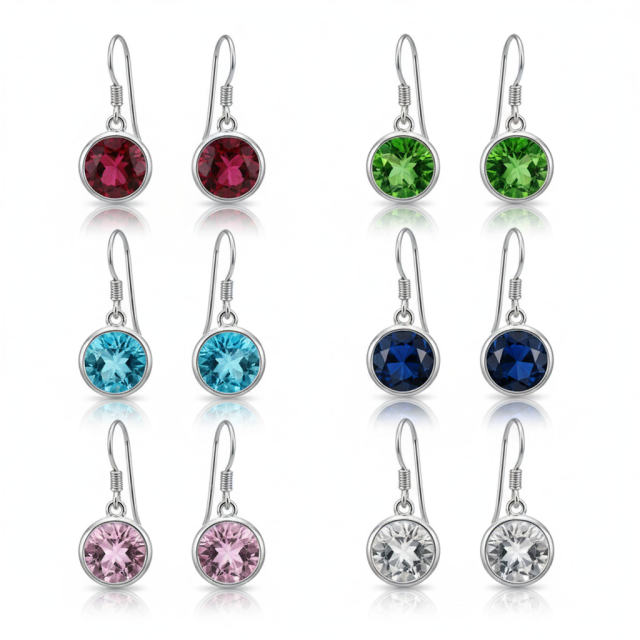 Stainless Steel Birthstone Dangle Earrings for Women Girls, Round Cubic Zirconia Hypoallergenic Drop Hook Earrings, Multi-Color Christmas/Birthday Jewelry Gift