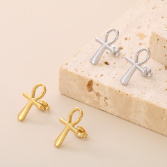 18K Gold Tone Stainless Steel Polished Ankh Cross Stud Earrings for Women Girls, Classic Minimalist Symbol Jewelry, Hypoallergenic