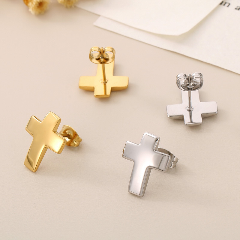 Minimalist Cross Stud Earrings for Women Men, Small 18K Gold Plated Stainless Steel Hypoallergenic Faith Jewelry, High Polish Everyday Wear Gift