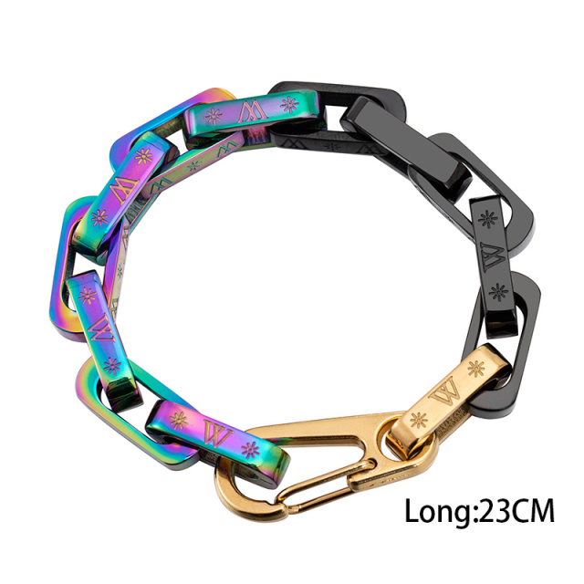 Stainless Steel Rainbow Black Gold Chain Bracelet for Men Women, Chunky Colorful Link Wristband with Secure Carabiner Clasp, Hypoallergenic Jewelry