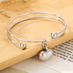 18K Gold Plated Stainless Steel Bangle Bracelet for Women, Double Wire Open Adjustable Cuff, Minimalist Heart Charm Dainty Jewelry Gift