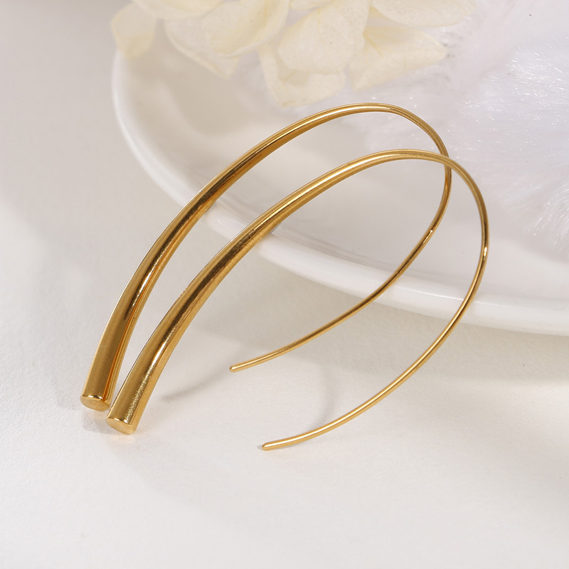 18K Gold Plated Stainless Steel Minimalist Long Curved Threader Earrings for Women, Dainty U-Shape Hypoallergenic Hook Drop Dangle Jewelry