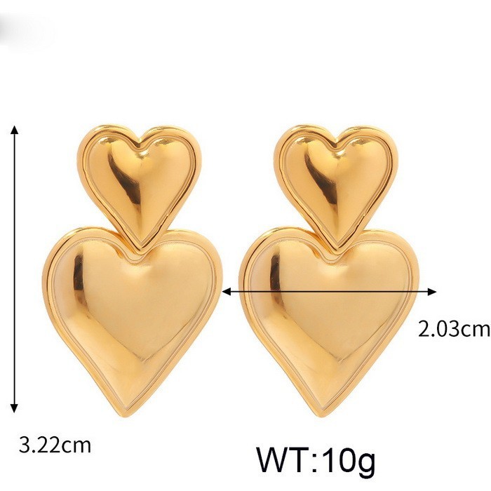 Double Layer Heart Drop Earrings for Women, Gold/Silver Plated Stainless Steel, Chunky Dangle Heart Earrings, High Polish Statement Jewelry Gift for Valentine's Day