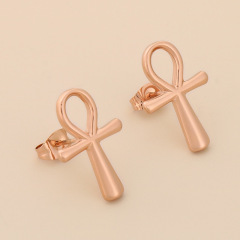 18K Gold Tone Stainless Steel Polished Ankh Cross Stud Earrings for Women Girls, Classic Minimalist Symbol Jewelry, Hypoallergenic