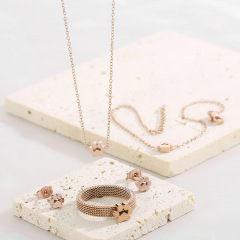 18K Gold Plated Stainless Steel Pet Paw Print Jewelry Set for Women and Girls, Includes Cute Adjustable Mesh Ring, Stud Earrings, and Pendant Necklace, Hypoallergenic Animal Lover Gift
