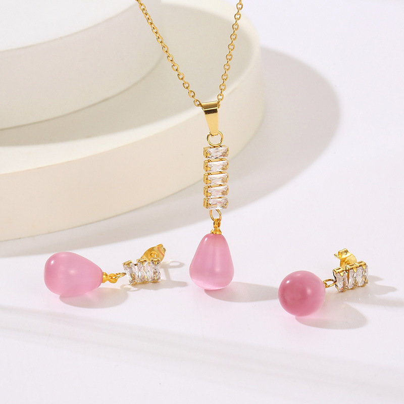 18K Gold Plated Stainless Steel Necklace and Dangle Earrings Set for Women, Elegant Colorful Teardrop Gemstone Pendant with Cubic Zirconia Studs, Fashion Jewelry Gift