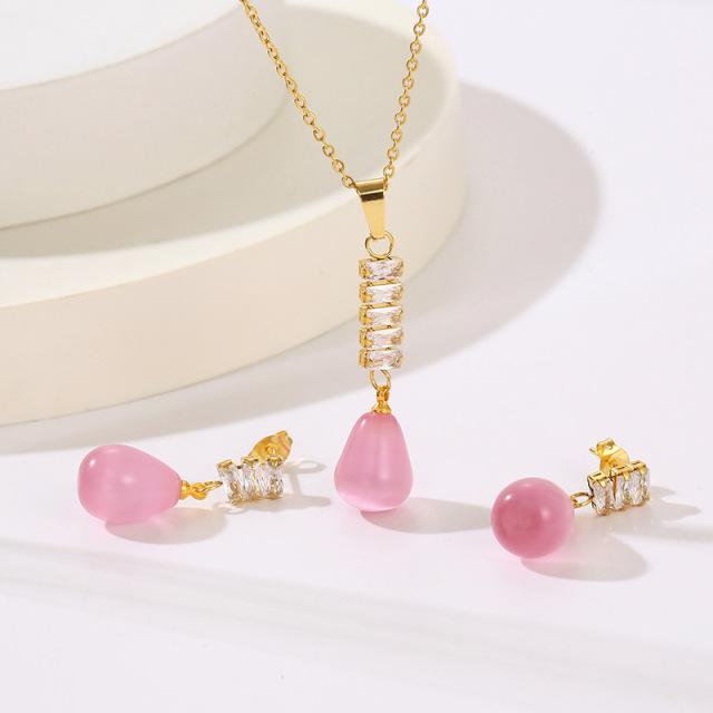 18K Gold Plated Stainless Steel Necklace and Dangle Earrings Set for Women, Elegant Colorful Teardrop Gemstone Pendant with Cubic Zirconia Studs, Fashion Jewelry Gift