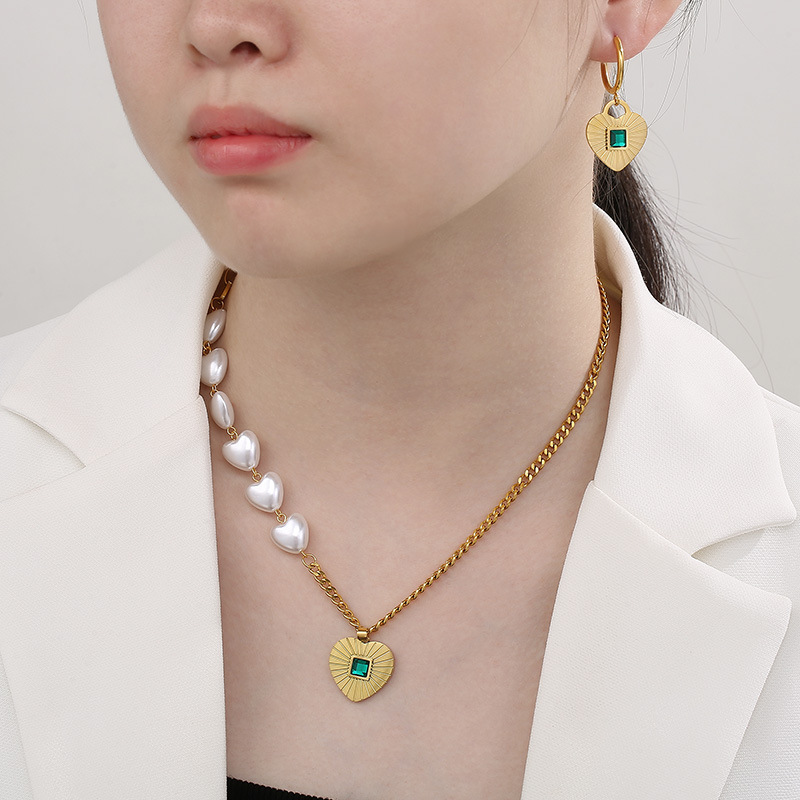 2 Pcs Stainless Steel Heart Pendant Jewelry Set, Dainty Chain Pearl Necklace with Matching Drop Earrings for Women and Girls