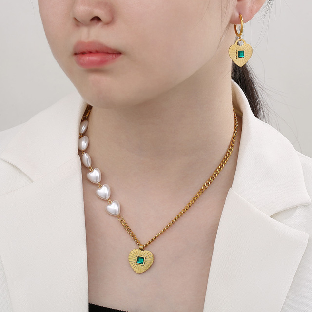 2 Pcs Stainless Steel Heart Pendant Jewelry Set, Dainty Chain Pearl Necklace with Matching Drop Earrings for Women and Girls