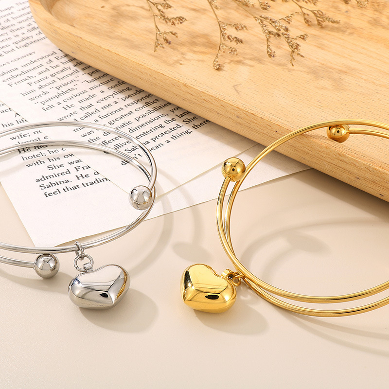 18K Gold Plated Stainless Steel Bangle Bracelet for Women, Double Wire Open Adjustable Cuff, Minimalist Heart Charm Dainty Jewelry Gift