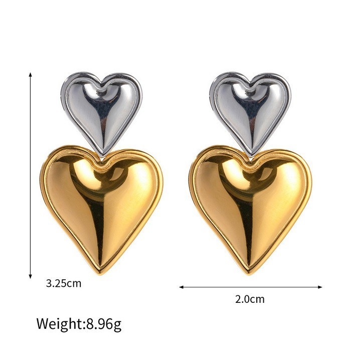Double Layer Heart Drop Earrings for Women, Gold/Silver Plated Stainless Steel, Chunky Dangle Heart Earrings, High Polish Statement Jewelry Gift for Valentine's Day