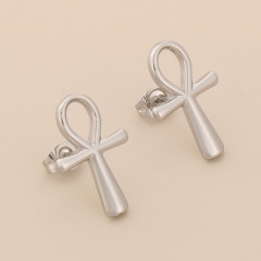 18K Gold Tone Stainless Steel Polished Ankh Cross Stud Earrings for Women Girls, Classic Minimalist Symbol Jewelry, Hypoallergenic