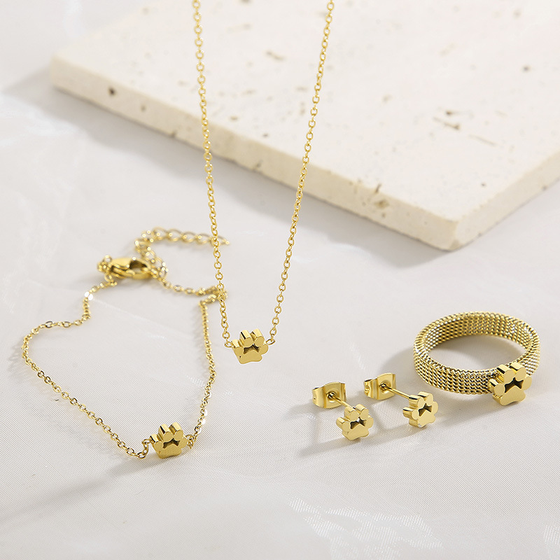 18K Gold Plated Stainless Steel Pet Paw Print Jewelry Set for Women and Girls, Includes Cute Adjustable Mesh Ring, Stud Earrings, and Pendant Necklace, Hypoallergenic Animal Lover Gift