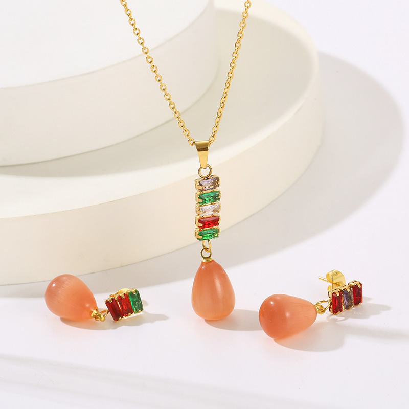 18K Gold Plated Stainless Steel Necklace and Dangle Earrings Set for Women, Elegant Colorful Teardrop Gemstone Pendant with Cubic Zirconia Studs, Fashion Jewelry Gift