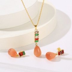 18K Gold Plated Stainless Steel Necklace and Dangle Earrings Set for Women, Elegant Colorful Teardrop Gemstone Pendant with Cubic Zirconia Studs, Fashion Jewelry Gift