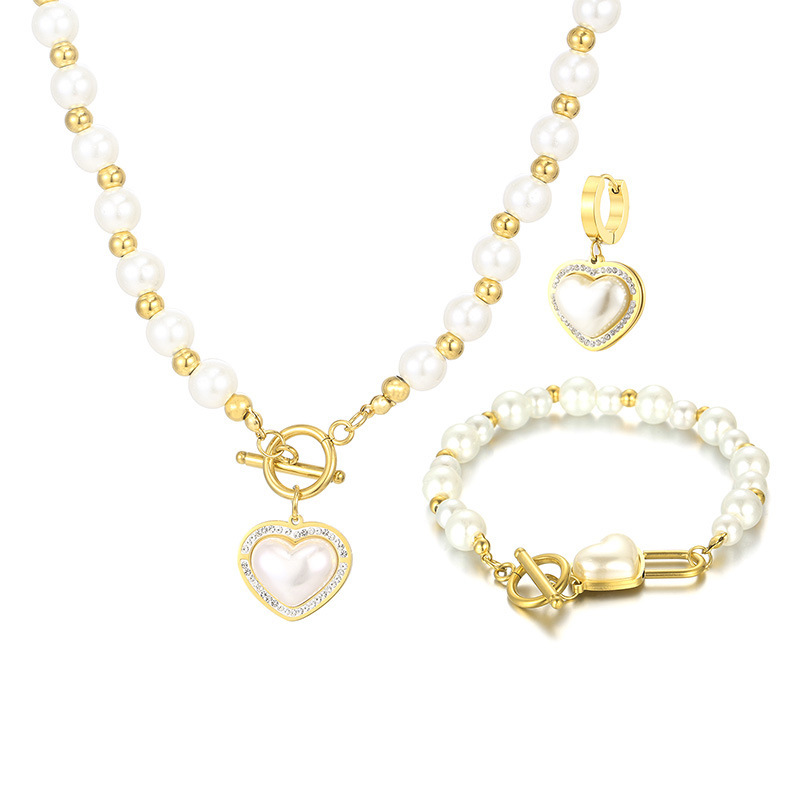 Pearl Necklace Bracelet Earrings Set for Women, 18K Gold Plated Stainless Steel Toggle Clasp Jewelry Gift Set, Fashion Imitation Pearl Beaded Necklace with Heart Shell Pendant