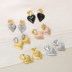 Double Layer Heart Drop Earrings for Women, Gold/Silver Plated Stainless Steel, Chunky Dangle Heart Earrings, High Polish Statement Jewelry Gift for Valentine's Day