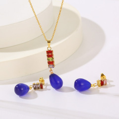 18K Gold Plated Stainless Steel Necklace and Dangle Earrings Set for Women, Elegant Colorful Teardrop Gemstone Pendant with Cubic Zirconia Studs, Fashion Jewelry Gift