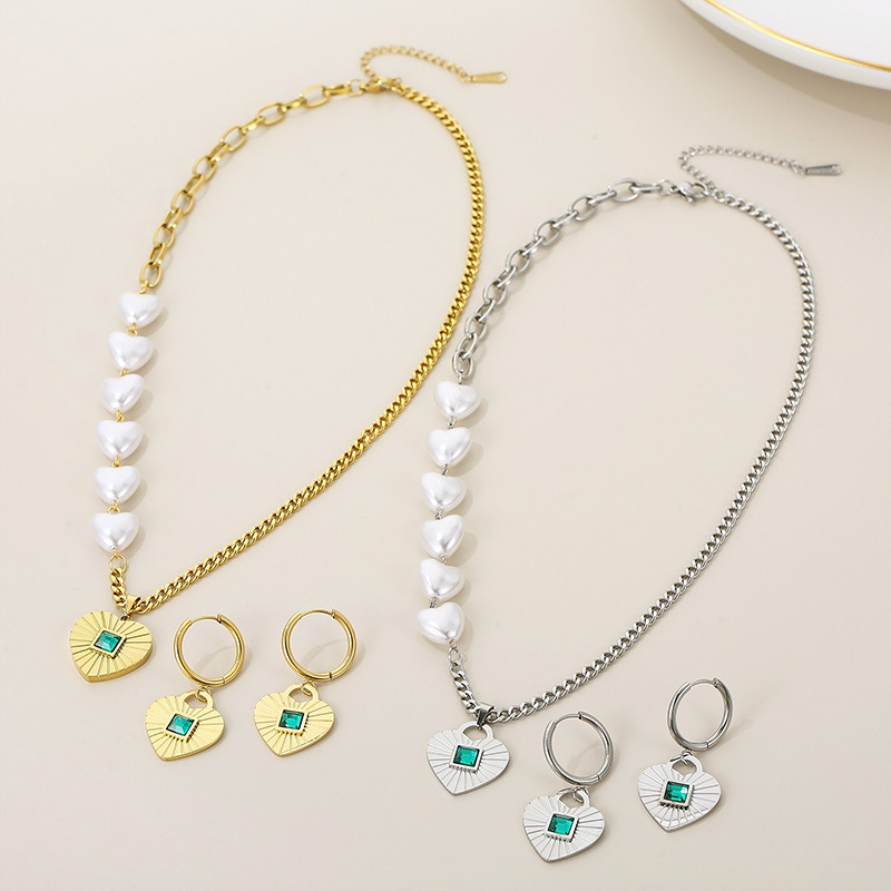 2 Pcs Stainless Steel Heart Pendant Jewelry Set, Dainty Chain Pearl Necklace with Matching Drop Earrings for Women and Girls