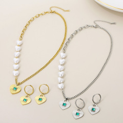 2 Pcs Stainless Steel Heart Pendant Jewelry Set, Dainty Chain Pearl Necklace with Matching Drop Earrings for Women and Girls