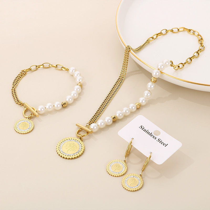 18K Gold Plated Stainless Steel Jewelry Set for Women, Tree of Life Pendant Pearl Necklace Bracelet Earrings 3 Pcs Set, Valentine's Day Gift