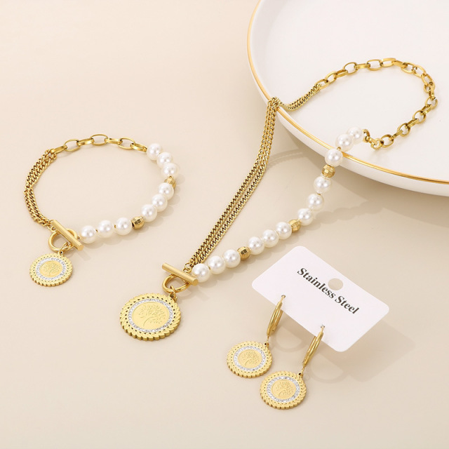 18K Gold Plated Stainless Steel Jewelry Set for Women, Tree of Life Pendant Pearl Necklace Bracelet Earrings 3 Pcs Set, Valentine's Day Gift