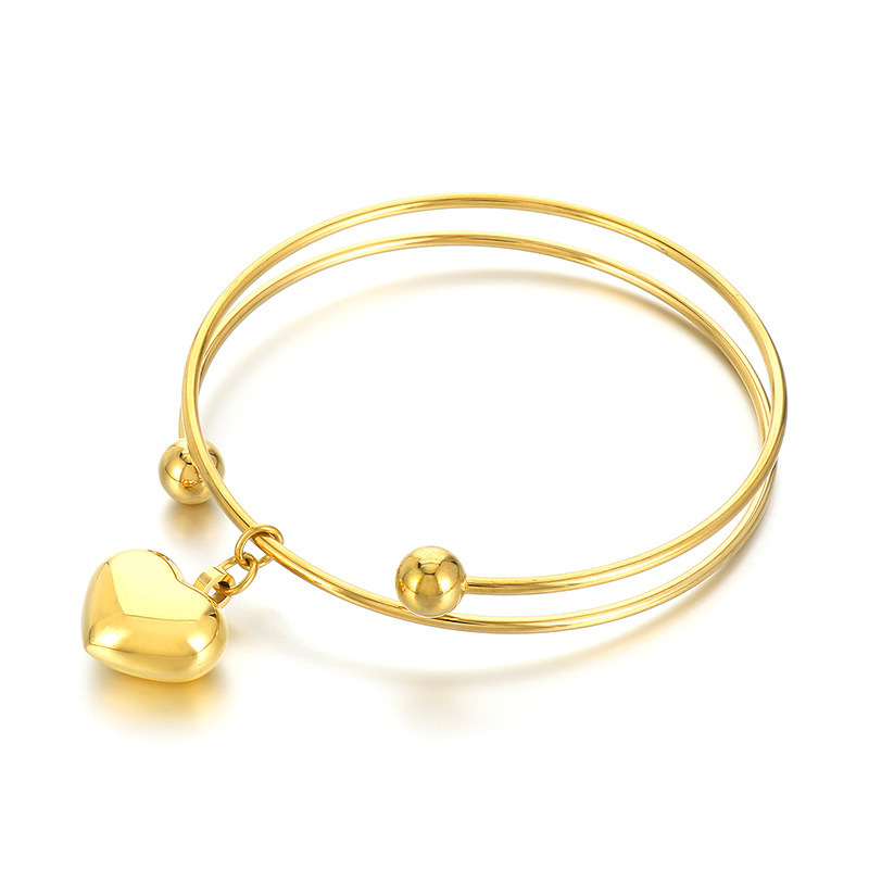 18K Gold Plated Stainless Steel Bangle Bracelet for Women, Double Wire Open Adjustable Cuff, Minimalist Heart Charm Dainty Jewelry Gift