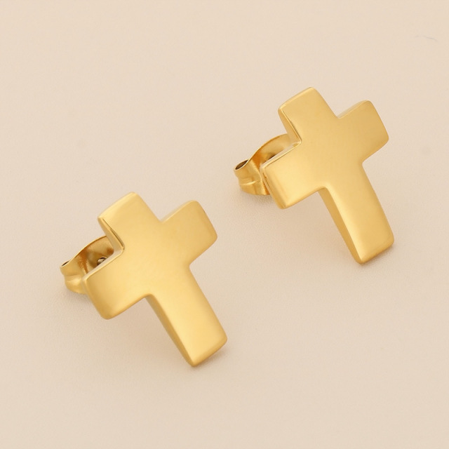 Minimalist Cross Stud Earrings for Women Men, Small 18K Gold Plated Stainless Steel Hypoallergenic Faith Jewelry, High Polish Everyday Wear Gift