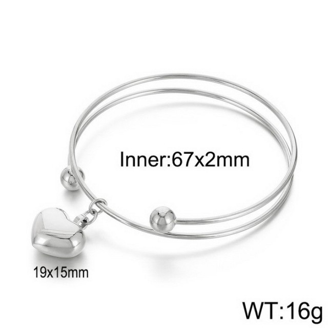 18K Gold Plated Stainless Steel Bangle Bracelet for Women, Double Wire Open Adjustable Cuff, Minimalist Heart Charm Dainty Jewelry Gift