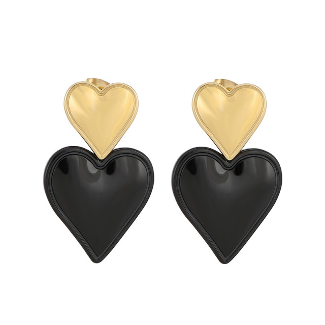 Double Layer Heart Drop Earrings for Women, Gold/Silver Plated Stainless Steel, Chunky Dangle Heart Earrings, High Polish Statement Jewelry Gift for Valentine's Day