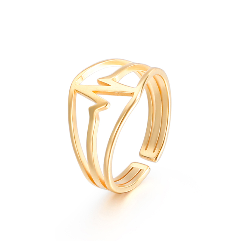 4 Pcs Gold Plated Stainless Steel Open Rings Set for Women, Stackable Minimalist Band Rings, Dainty CZ Chevron/Lightning/Wave Design Statement Jewelry