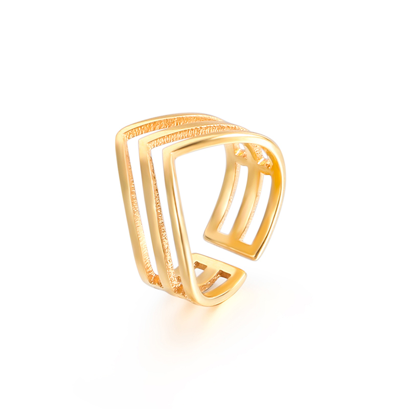 4 Pcs Gold Plated Stainless Steel Open Rings Set for Women, Stackable Minimalist Band Rings, Dainty CZ Chevron/Lightning/Wave Design Statement Jewelry